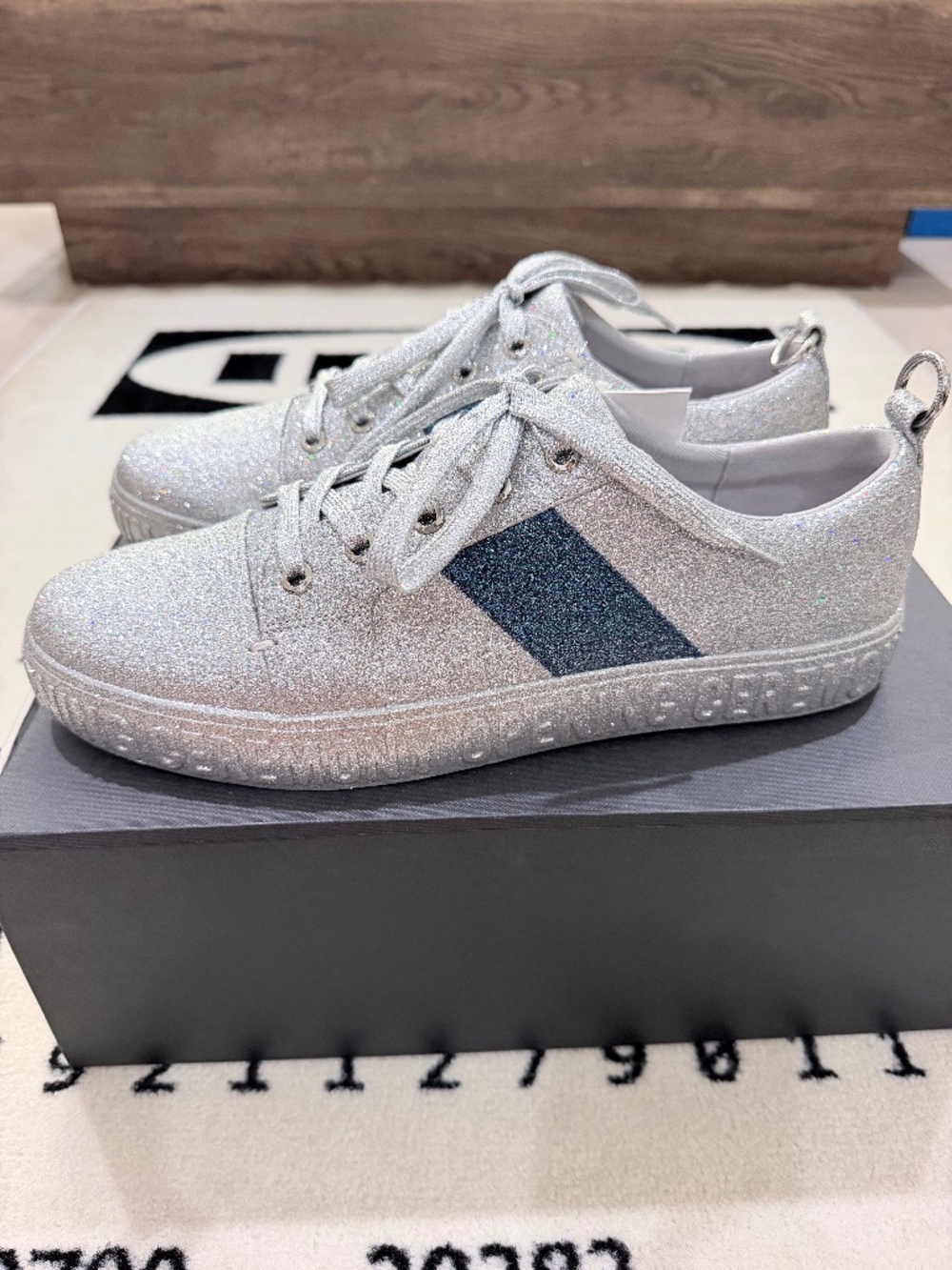 Opening Ceremony Silver Glittery La Cienega Blue Stripe Low Top Sneakers.